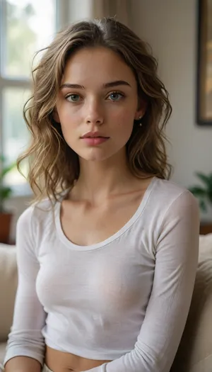 Masterpiece, (photorealistic:1.25), barely legal girl, skinny/petite build, shoulder-length wavy light-brown hair, center part, small silver stud earrings, (natural skin texture:1.25), (sharp eyes:1.3), subtle natural makeup, wearing a thin slightly sheer white long-sleeve T-shirt with soft wrinkles, small midriff visible, reclining on a beige fabric sofa, torso angled toward camera, head slightly tilted, calm direct eye contact, neutral soft expression, minimalist living-room background with two framed artworks softly out of focus, (diffused window light from camera-left:1.2), (smooth highlight roll-off, warm/neutral white balance:1.1), (shallow depth of field:1.2), (85mm lens, f/2.2:1.1), low contrast, warm natural color grade, <lora:add-detail-xl:.5>, <lora:xl_more_art-full_v1:.8>, <lora:MJ52:.5>