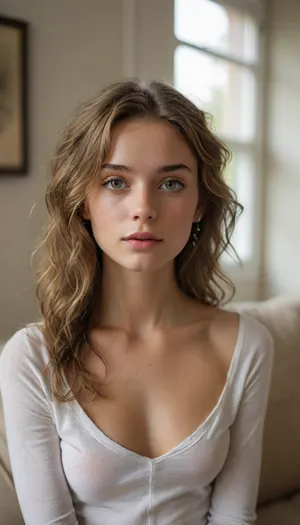 Masterpiece, (photorealistic:1.25), barely legal girl, skinny/petite build, shoulder-length wavy light-brown hair, center part, small silver stud earrings, (natural skin texture:1.25), (sharp eyes:1.3), subtle natural makeup, wearing a thin slightly sheer white long-sleeve T-shirt with soft wrinkles, small midriff visible, reclining on a beige fabric sofa, torso angled toward camera, head slightly tilted, calm direct eye contact, neutral soft expression, minimalist living-room background with two framed artworks softly out of focus, (diffused window light from camera-left:1.2), (smooth highlight roll-off, warm/neutral white balance:1.1), (shallow depth of field:1.2), (85mm lens, f/2.2:1.1), low contrast, warm natural color grade, detailxl, <lora:add-detail-xl:.5>, <lora:xl_more_art-full_v1:.8>, <lora:MJ52:.5>