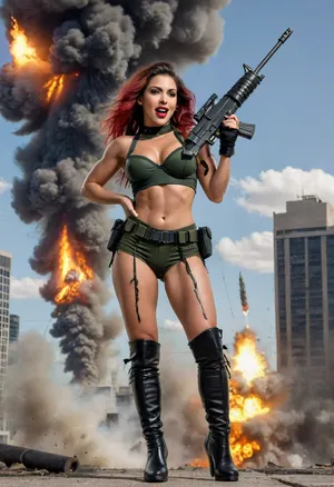Photo, 8k, score_9_up, score_8_up, explicit, highest detail, sexy naughty aroused laughing attractive latina, red lipstick, long dyed messy hair, army outfit, upskirt, tall with gorgeous shapely legs, topless, no pants, black fishnet stockings, boots, ((she is standing on corpses)), she holds a huge black bazooka and is firing the bazooka at the sky, a helicopter is exploding in the sky, buildings exploding in the background, uberfit, muscular, athletic, boltgun, Explosion, Artstyle, Sch0llg1rl, American, African, Caribbean, Indian, Australian, Chinese, Japanese, Korean, Polynesian, European, Latin, Arabic, Hispanic, Canadian, Mexican, Cuban, uniform, <lora:uberfit_lora_sdxl:.6>, <lora:boltgunXLLoRAv1:1.5>, <lora:Explosion Artstyle - Trigger is Explosion Artstyle:1.7>, <lora:Schoolgirl:1.4>