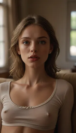 Masterpiece, (photorealistic:1.25), barely legal girl, (very skinny/petite build), ((flat chest)), (very tiny breasts:1.5), shoulder-length wavy light-brown hair, center part, small silver stud earrings, (hard model facial contours), (natural skin texture:1.25), healthy anorexic, (very underweight), (visible six-pack), ((extremely wide mouth:1.5)), (sexy pouty lips), ((relatively straight medium-thick lower lip)), ((very thick upper lip running downwards on the outside)), (prominent lips), (very big mouth), fat blowjob lips, (sharp eyes:1.5), bright green eyes, (very huge eyes), natural eyes, light Dark circles under the eyes, wearing a very thin tight slightly sheer white long-sleeve T-shirt, toned midriff visible, (prominent collarbone), (prominent cheekbones), (skinny neck), reclining on a beige fabric sofa, torso angled towards camera, head slightly tilted, seductive direct eye contact, (very horny fve expression), minimalist living-room background with two framed artworks softly out of focus, (diffused window light from camera-left:1.2), (smooth highlight roll-off, warm/neutral white balance:1.1), (shallow depth of field:1.2), (85mm lens, f/2.2:1.1), low contrast, warm natural color grade, detailxl, braless, Wearing, clothes, that, make, sense, with, Braless>, <lora:add-detail-xl:.5>, <lora:xl_more_art-full_v1:1>, <lora:MJ52:.5>, <lora:bralessSDXL_v1_00022:1>