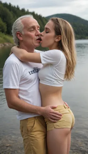 ((Standing behind her is an 70-year-old man friend, wearing t-shirt and tan shorts:1.6)), ((old man friend is hugging young woman from behind:1.2)), ((the old man is grabbing her breasts:1.3)), ((the old man friend is kissing her on the lips}}, A girl with round small firm breasts in a tight sexy white crop shirt, photo of a young woman with, ((long blonde hair)), and brown eyes, big eyes, small breasts in a, ((white crop top and yellow short shorts:1.6)), a small butt, Ava, her face contorted with pleasure as an old man puts a, (hand outside her yellow short shorts), rubbing her crotch, lake, ((her moaning under the squeeze on her breasts:1.4))))