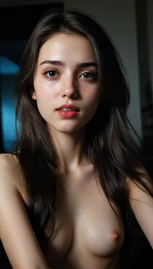 (From above:1.9), (Very long hair:1.8), (Selfie:1.8), (Close-up face:1.8), standing, (((front view))), room, (very petite:1.9), (topless:1.5), (thong), gorgeous tiny twintails, (young woman:1.4), (very tiny cute sweet:1.8), small butt, (((very skinny))), thigh gap, ((narrow waist)), narrow hips, slender body, short, (no external lighting), (harsh single camera flash), (blown out flash highlights on subject), (harsh shadows behind and around her), (noise in all dark areas), (wet surfaces reflect slight highlights), (flat lighting due to direct flash), (cool white balance:1.3), (bluish shadows from digital camera sensor), (fluorescent tint from artificial lighting), (background remains visible due to flash but no blur or depth separation), (realistic dark environment with high contrast flash), (MySpace scene), (90's digital aesthetic), (High quality photo), (Old camera), (Photo with flash), (Grungy), (Marsh), (Realistic environment), (Analog style), (Film grain), (High contrast), (No filter), (JPEG artifacts), (No editing), (Shot with cell phone), (No external lighting), (Lights off), (Polaroid flash), (Cool indoor lighting), (Shot with direct flash), (Overexposed flash), (Strong shadows), (Hard shadows), (High contrast:2), (Noise in dark areas), (Shiny reflections on surfaces), (Sharp background), (Background in focus), (Background blur), (Fluorescent lighting tint), (Blue shadows), (Artificial lighting with a blue tint), (Scene-Queen), (Optional), (Myspace), (Photograph), (Old digital camera), (Raw), (Backlight), (Maximum Resolution), (Maximum Quality), (90s Style), (80s), (Analog), (1990s), (Shiny Skin:1.5), Depth of Field, Soft Front Light, HDR, (Dim Colors:1.2), (nighttime), Canon RF 100mm F2.8L Macro IS USM, (best quality), (highly detailed), (ultra-realistic), 35mm SLR, 50mm f/1.8 lens, Kodak Portra 400 color film. Nostalgic, film-grain aesthetic., with an overall underexposure of 1-2 stops to accentuate the darkness and isolation of the environment., ((see-through)), Dua, Lipa, Woman, <lora:detailed_notrigger:.1>, <lora:pytorch_lora_weights:2>