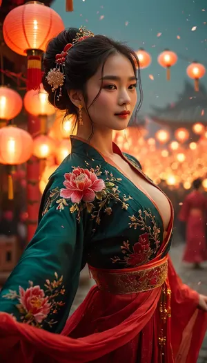 ((Far shot)), (dancing:1.4), (perfect hands), (starry sky:1.4), masterpiece, best quality, UHD 8K, HDR, A charming Chinese woman in flowing hanfu with embroidered peonies and gold thread, long black hair in a jeweled bun with delicate hairpins, dances gracefully at the Lantern Festival, she twirls silk ribbons amid hundreds of glowing red lanterns and rising sky lanterns, market stalls and paper cutouts in the background, drifting incense smoke and confetti. Warm lantern glow and distant fireworks rim‑light her elegant pose and serene smile, wet cobblestones reflect crimson and amber hues. Cinematic photorealism, dusk‑to‑night, 85mm lens, shallow depth of field, subtle motion blur on sleeves, soft atmospheric haze, rich reds and golds, ultra‑detailed fabric textures and skin, gentle bokeh. the picture was taken on Canon EOS R5, 75mm lens, unaestheticXL_cbp62, ac_neg1, green, eyes, blue, brown, perfecteyes, flat, chest, big, breasts, huge, gigantic, small, hips, thighs, wide, thick, plump, belly, muscular, female, arms, extra, abs, NEGATIVE_HANDS, <lora:MJ52:.8>, <lora:add-detail-xl:.8>, <lora:PerfectEyesXL:.8>, <lora:Venus_Body_Alpha:1.4>