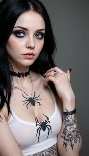 5000000010.188, Girl with black hair and blue eyes, gothic emo makeup, gothic style web tattoo on neck and small tattoos on hands and fingers. Photo inspired by 3d anime. She has pale skin and a gloomy atmosphere. She wears an armband in the shape of a spider. This is a fantastic, hyper-realistic, ultra-detailed and ultra-subtle image with a clear focus on her beautiful face.