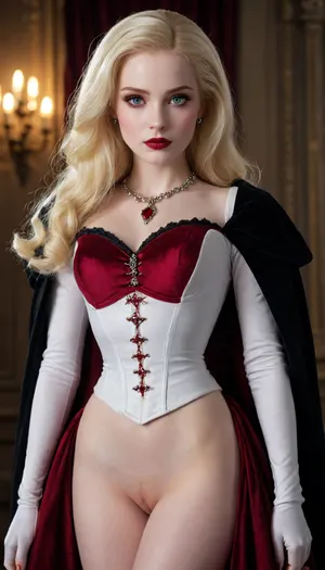 Barbie style, Regal female vampire countess, tall, (pale porcelain skin:1.4), (long blond hair), (elegant fancy updo hairstyle), beautiful eyes, crimson lips, big areolas, velvet gown with corset, black cloak, ruby jewelry, inverted silver jewelry, alluring yet dangerous, dark sapphic glamour, gothic, realistic, dramatic lighting., hkstyle, flat, chested, <lora:hkstyleV5:.8>, <lora:flat_chested_v3.5:1.2>