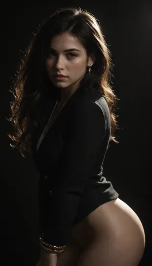 Solo, Beautiful tifa lock hart, looking in a seductive manner, eyes looking straight at the us, fair skin, long dark wavy hair, brown blazer, white shirt, black tie, sexy body, cute face, clear skin, close up, whole body visible, wearing golden anklets, golden bangles, golden chain, curvy figure, thick arms, thick hips, thick thighs, seductive face, looking at the viewer with lust, beautiful detailed face, amazingly sexy face, side view, standing straight in a sexy way, black background, rim lighting, key lighting, <lora:dark:.8>
