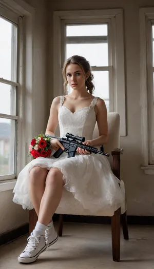 5000000010.232, a girl in a wedding dress holding a gun, sitting in a chair by the window, feet on the windowsill in sneakers "CONVERSE", advertising growth portrait, hyperrealistic photography, tumblr, 🕹️ 😎 🔫 🤖 🚬, airsoft cqb, bouquet, demolition, in style of doom, mp5, 600mm, indoor shot, benjamin vnuk, in style of realistic, panzer, motivational, foam