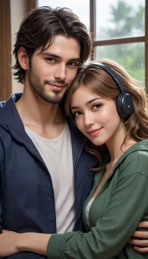 5000000010.241, Beautiful woman with disheveled hair and Bluetooth -wearing headphones snuggles up to her handsome boyfriend's shoulder, both smiling while listening to music, in 3D manga anime style, by artgerm, dark green clothes, it's raining outside, romanticism, romantic manga, lovecore, romantic illustrations, wavy short black beard, dark blue shirt, high detail, all the details are carefully worked out, fingers and hands, soft lighting, warm colors, realistic.