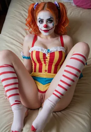 young beautiful girl 18 years old clown girl with big breasts, wearing a pulled-up dress without any underwear, laying on her back with spread legs, no panties, long striped socks, clown makeup, skinny, white face paint, detailed vagina, looking at the viewer, back long high twin multi-colored ponytails, excited, aroused, tack sharp, 4k, dslr, feet up