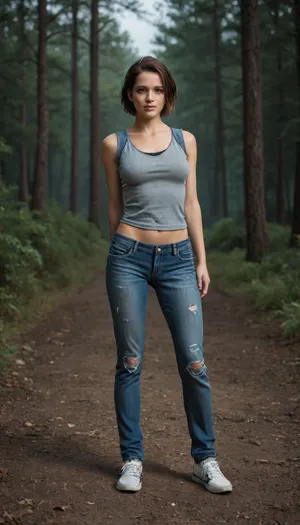 Jill Valentine from Resident Evil / Dressed in a blue ripped sleeveless vest, black ripped jeans, black t-string, and white sneakers / Hair, black / Pose, standing, dancing, modest pose, hands behind her back / Emotions, smile, loving gray eyes, cute face / Location, dark, gloomy forest near an abandoned house and a lake, gloomy, night, horror, scary, feeling of anxiety, apocalypse, living dead