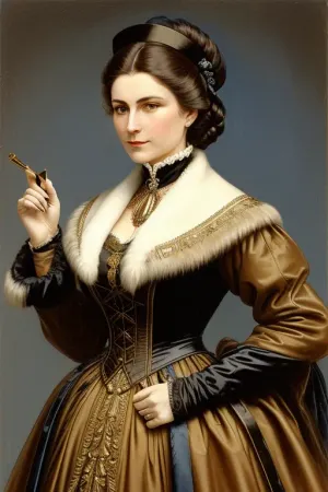 night, young woman, She is dressed in the latest fashion of the 1880s, coat decorated with fur and ribbons, a muff and thin leather gloves. Her look is regal, mysterious and a little sad, "Swedish" gloves made of the finest leather, a "Skobelev" coat decorated with sable fur and blue satin ribbons, a muff, a gold bracelet, all these are fashionable details of women's clothing of the 1880s, claiming expensive elegance, chiaroscuro, low-key