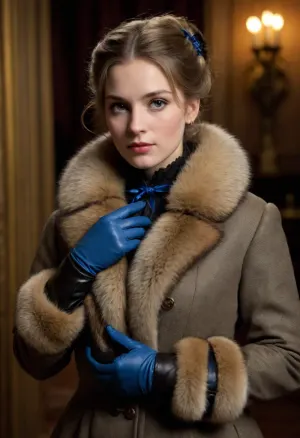 night, young woman, She is dressed in the latest fashion of the 1880s, coat decorated with fur and ribbons, a muff and thin leather gloves. Her look is regal, mysterious and a little sad, "Swedish" gloves made of the finest leather, a "Skobelev" coat decorated with sable fur and blue satin ribbons, a muff, a gold bracelet, all these are fashionable details of women's clothing of the 1880s, claiming expensive elegance, chiaroscuro, low-key