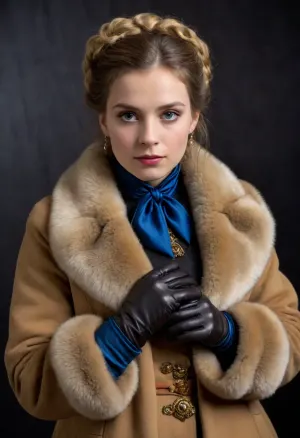 night, young woman, She is dressed in the latest fashion of the 1880s, coat decorated with fur and ribbons, a muff and thin leather gloves. Her look is regal, mysterious and a little sad, "Swedish" gloves made of the finest leather, a "Skobelev" coat decorated with sable fur and blue satin ribbons, a muff, a gold bracelet, all these are fashionable details of women's clothing of the 1880s, claiming expensive elegance, chiaroscuro, low-key