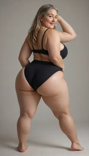 View from behind, Dynamic angle, big ass, photorealistic, best quality, (realistic), (obese milf:1), 50 years old, (caucasian milf), ((curvy)), narrow waist, hourglass figure, Long hair, Dark blonde hair with highlights, (wearing black tight satin high-waist full coverage wide granny panties:1.2), ((plump round obese belly:1.3)), (big lovehandles:1.4), (chubby thighs), ((huge muffin top belly)), (belly hanging over top of panties), (double chin), plump round fat face, very plump pubis, (plump fupa:1.3), full body shot, 1960s, strong eyebrows, realistic high quality photography, beautiful, skin pores, eyelashes, textured skin, highly realistic skin, ambient occlusion, model shoot, (plump body), but, sagging, stretch, marks, wrinkles, short, smiling, mouth open, beautiful eyes, Curvy, body, <lora:MJ52:.5>, <lora:Older_woman-000008:.5>, <lora:Older_woman_v4-000002:.5>, <lora:b8174d41-8ba7-4318-bc14-53ee7e353d91.TA_trained:.5>