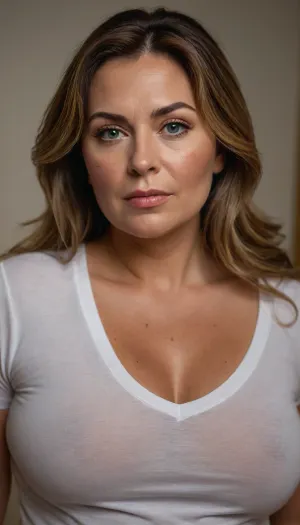 Lubica stepaunt, (Close-up:.1), full body Portrait, mature woman, beautiful Croatian motherly milf, 60 years old mature adult woman, (fat round face:1.2), (circular face), double chin, strong jawline, beautiful curved lips, (highly detailed face), gorgeous face, (beautiful face), fat neck, Broad strong shoulders, (straight brunette hair with highlights), blue eyes, Crystal clear eyes, detailed liptexture, (wearing oversized white cotton low-cut v-neck t-Shirt), (fully clothed), small natural saggy tities, sagging cleavage curvy body, chubby body, (arch back chest thrust out:.5), in bedroom, best quality, ultra-detailed, masterpiece, finely detail, highres, 8k wallpaper, thick and strong woman, textured skin, soft light, realistic photo, full-length photo, (high detailed skin), 8k uhd, dslr, high quality, detailed skin texture, soft shadow, golden reflector reducing shadows, (highly detailed hair, balayage layered haircut), highly detailed body, (realistic), insanely detailed, highest quality, freckles, high resolution photography on a canon camera, with, pokies, <lora:Real BBW V1:.5>, <lora:plump_control_v1.0:.1>, <lora:weight_slider_v2:.2>, <lora:pokies_9:.4>