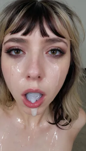 Astonishing beautiful Ukrainian skinny prostitute with the face of a supermodel, precious delicate innocent facial features, blonde wet messy hair with black roots and bangs, feline delicate sharp face, small pointy nose with freackles, 25 years old, extreme crying in shame, afraid, brutally beaten, traces of beatings on her face, dirty wet hair mixed with saliva sticking her face, watered eye mascara makeup ruined by saliva, messy makeup watered over her face, (a man's hand roughly and painfully grabbed her jawline and hair:1), watered black rimmel tears, a bruise and a hematoma under her eye, pale skin, cum and saliva drooling from her mouth, she cries, face fully glazed with thick sperm, asphyxiation, wide open tired bloodshot veiny eyes, looking at viewer extremely afraid, skin pores, moles, pimples, overheat blushed, ruined, makeup, all over face, wide view portrait from below, <lora:315758_training_data:.8>, <lora:ruined1:.8>