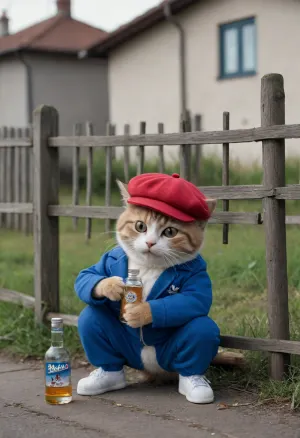 A thug's anthropomorphic, cheeky cat is squatting against a fence, drinking a bottle of vodka, while a tiny mouse sleeps on its back, its arms spread out, wearing a beret and an Adidas suit. The scene is set against the backdrop of a house, a fence, a street, and an old Lada car.