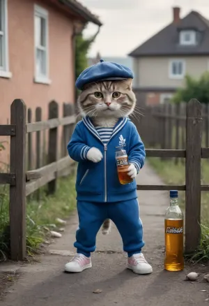 A thug's anthropomorphic, cheeky cat is squatting against a fence, drinking a bottle of vodka, while a tiny mouse sleeps on its back, its arms spread out, wearing a beret and an Adidas suit. The scene is set against the backdrop of a house, a fence, a street, and an old Lada car.