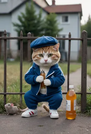 A thug's anthropomorphic, cheeky cat is squatting against a fence, drinking a bottle of vodka, while a tiny mouse sleeps on its back, its arms spread out, wearing a beret and an Adidas suit. The scene is set against the backdrop of a house, a fence, a street, and an old Lada car.