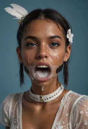 (portrait of a brown skinned Indian woman:1.1), (her mouth is wide open, wearing a mouth spreader ring gag, gaping throat:1.3), (haute couture small white feathery head accessory for derby:1.4), (sleek straight cut hair:1.2), (shoulder hair), (black hair), (straight hooked nose:1.3), plucked eyebrows, dark complexion, smile, (transparent liquid, wet face:1.3), (cum on her face, bukakke:1.3), white summer dress, cleavage, dark blue background, short sleeves, puffer sleeves, (flower print on dress), millinery, fascinator