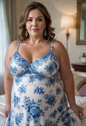 Obese mature woman, long brown hair with highlights, mature fat ssbbw milf, fat, bbw, 65 years old, blue floral print white dress, earrings, backgroung of a room, highres, extremely detailed, 8k photo, best quality, beautiful lighting, natural light, realistic, erotic, photorealistic, photo, photography, detailed, in focus, UHD 8k focus stacking, <lora:cockteaseLoRASDXL:1.1>
