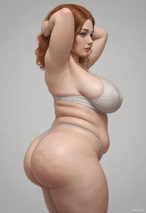 Short, Thick Ginger Redhead, 25 years old, overweight milf, healthy arms, thick legs, pale freckled. Standing, and soft firm Thick cellulite Ass. arms up with hands over head, sensually teasing with side view of cellulite ass from side view, light accenting perfect thin body Thick Ginger Redhead, <lora:220437_training_data:.8>