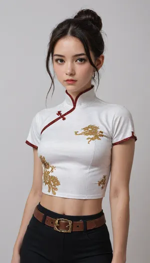 masterpiece, best quality, amazing quality, absurdres, fong ling, 1girl, brown belt, white background, black hair, chinese clothes, black pants, single hair bun, white shirt, looking at viewer, brown eyes, midriff peek, short hair, dragon print, parted bangs, simple background, hair behind ear, short sleeves, closed mouth, china dress