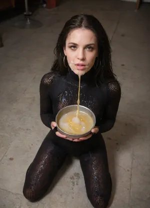 Masterpiece, high resolution, 8k resolution, Black 30 year old pornstar, Black skin, dread locks, wearing a full body net suit, kneeling on the floor in a studio, Holding a glas bowl filled with white and yellow liquid under her chin, massiv facial, Thick white liquid on her face, Focus view on face, bukkake, woman, cum, on, face, <lora:MS_Real_XL_Bukkake:1.5>, <lora:JustCum:2>, <lora:cum_in_eye_deepmind:1.1>
