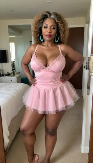 Ebony, sexy granny mature, sexy 75 years old, ginger, long wave hair, messy hair, super horny and hot, chubby, wide hips, huge culottes, very perky boobs, very tall, naught sexy super orgasm face, selfie, glamour, make up, lipstick, huge hoop earrings, turquoise necklace, full body view, looking at the mirror, at the fancy hotel room, pointed stilettos, looking at the camera, thick legs, very horny orgasm face looking at the camera, wearing a pink ballet outfit with big tutu