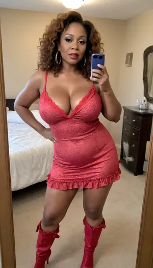 Ebony, sexy granny mature, sexy 60 years old, ginger, long wave hair, messy hair, super horny and hot, chubby, wide hips, very perky boobs, huge tits, very tall, naught sexy super orgasm face, selfie, glamour, make up, lipstick, huge hoop earrings, full body view, looking at the mirror, at the fancy hotel room, pointed stiletto boots, looking at the camera, thick legs, very horny orgasm face looking at the camera, wearing a revealing frilly dress