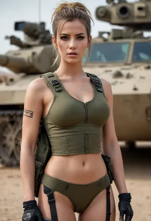 1girl, best quality, ultra-detailed, masterpiece, finely detail, highres, 8k wallpaper, beautiful asian soldier, 18 years old, modern millitary, thick thighs with a slim waist, slim thick, perfect tits, beautiful eyes, pouty lips, cute nose, symmetrical face, symmetrical eyes, confident and strong, toned physique, athletic body, military wear, military fashion, tactical gear, belts and straps, cigarette, smoking, guns, desert background with ruins, overcast sky, highly detailed background, highly detailed face, highly detailed clothes, tech wear, ammo, ammo belt, dirt, dirty, dusty, wind, storm, strong jawline and defined cheek bones, sexually powerful, perfect eyes, perfect face, extreme face detail, hair up in a bun, ghile suit, backpack, radio with long antenna, tactical wear, millitary fashion, seductive and arouses facial expression, fishnets, firm perky tits, sexy soldier, dominant soldier, beauty marks, tight ass, bandages, extremely accurate hands, marksmen, sniper, sharpshooter, tank girl aesthetic, sweaty skin, hand behind head, playing with hair, touching her own breasts, cleavage, perfect teeth, green or beige uniform, camo outfit, authority, large foreboding industrial millitary equipment in the background, realistic weaponry, nipples
