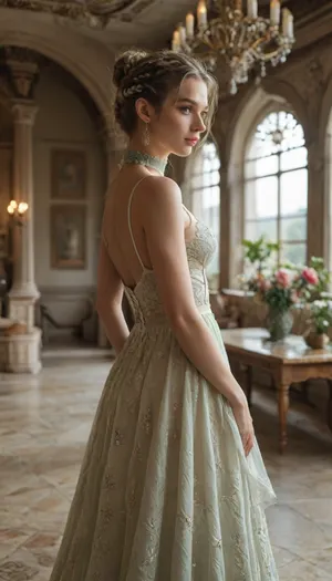 Couture, Colourful steam, beautiful lady arranging flowers in a antique vase, long gown, emerald collar, delphiniums, peony, peppermint, embroidered lace, chandelier, glittery smoke, beautiful model braided hairstyle, light rose, light green, light yellow, and peach, <lora:MJ52:.7>