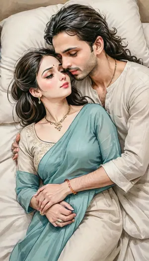 A romantic hand-drawn illustration of an Indian couple lying forward, facing the viewers, captured from a top-angle perspective. The woman, elegant and graceful, wears a traditional saree with blouse, bangles, earrings, and a necklace. Her long hair spreads across the bed beneath her, flowing in soft, cascading waves that enhance the intimate scene. Her expression is serene and affectionate, conveying a deep emotional connection. The man, with curly short hair, is dressed in a kurta, gazing down lovingly at her. They lie closely together, their hands gently touching, with their foreheads nearly touching in a tender and intimate pose. The background remains minimal, with faint botanical elements, abstract shapes, or delicate architectural sketches, focusing on the couple’s connection. The atmosphere is warm, cinematic, and emotional. The style blends fine line art, expressive pencil sketches, watercolor textures, and intricate shading, creating a soft, romantic, and aesthetic vibe. The composition evokes warmth, intimacy, and love, capturing the depth of their bond from this intimate top-angle view, Indian, Saree, Influencer, Model, <lora:transparent-saree:2>, <lora:XLSarees1:2>, <lora:gufeng_ink_wash_xl_v2:.6>, <lora:JasmineStyleV2:2>, <lora:Better Anime Backgrounds - [Background] - SDXL Version 1:2>