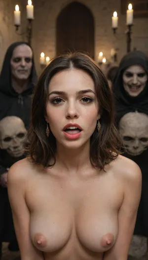 Brides of Dracula. Whores of Satan. Horror. Photographic. Dynamic. Realistic. View of three, (3), beautiful women with a demon face Vampire Fangs Teeth, their eyes are black and reflective, crawling towards camera on their knees or squatting ready to pounce.

All have pale skin and black lips, with snarling evil faces. Their breasts are exposed. Tiny droplets of blood fleck their mouths and breasts.

The woman on the left is skinny with small exposed breasts and long white hair. The centre woman is slender, with large saggy breasts, black hair with her mouth open showing her impressive long fangs, (she hisses at the viewer), The woman on the right is voluptuous and has red hair.

They are surrounded by shadows in medieval castle, lit by candles anf torches, highly detailed, high budget, bokeh, cinemascope, moody, epic, gorgeous, film grain, grainy, (()), dark, fantasy, Subspecies, style, black, sclera, eyes, <lora:dark_fantasy_art:1.4>, <lora:Subspecies style:.6>, <lora:black sclera:1.6>