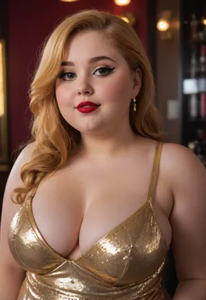 18 years old, (masterpiece, best quality, 4k), Chubby, curvy, chubby face, fat, overwheight, smiling, (sexy smile:1.4), detailed hair, detailed face, detailed iris, detailed eyes, high quality photo, erotic, shadows, strawberry blonde, (heavy mascara:1.6), (wearing a gold loose sequence prostitute short dress:1.6), (massive big tits:1.6), deep cleavage, (slut:1.6), (facing away:1.6), full body, (flirting, 1.6), sexy pose, (very pale skin:1.6), (chubby:1.9), makeup, (red lipstick:1.5), (doey eyes:1.5), in a hotel bar, unaestheticXL_cbp62, <lora:Animated_Concept:.8>, preggo, <lora:preggoXL_v0.1a:.8>