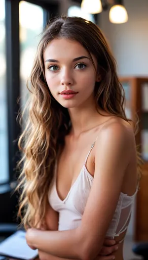Close-up girl, 1 girl solo, (young cute petite tiny cutie girl:1.9), (very skinny:1.6), ((in office)), ((((very straight long hair)))), detailed face, (high contrast:1.3), (natural skin texture, hyper-realism, soft light, sharp), (freckles:.2), Canon EOS 5D Mark III, bokeh, (((tight mini micro dress))), ((erect nipples)), (((big long voluminous eyelashes))), (((makeup))), ((blush for cheeks)), ((shock)), (((stand on your feet))), butt arched, (((no panties))), ((oiled skin)), side view, part of the chest is visible, reij-snrs, light, and, shadow, by, N3ry, <lora:sunriseSDXL-000009:2>, <lora:sdxl_photorealistic_slider_v1-0:2>, <lora:Marina_N3ry_XL:2>, <lora:681678_training_data:2>, <lora:MJ52:1>
