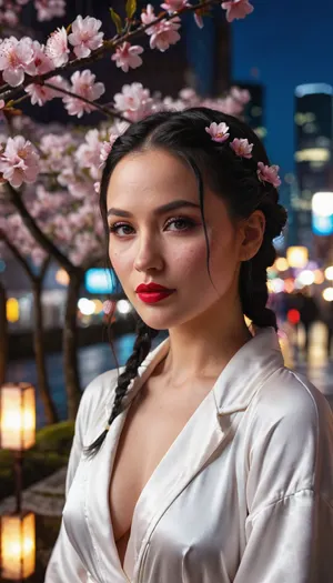 1 young woman 35 years old, inspired face, freckles, open white robe, black hair braided in a fishtail braid, (moss eyes:1.1), red lips, big ass, smirk, exciting, pink neon cherry blossom night light, cityscape, 8k, ultramodern cinematic perfect light, sharp, pixiv, crystal clear, masterpiece, <lora:xl_more_art-full_v1:.8>, <lora:add-detail-xl:.8>