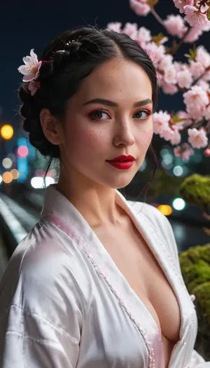 1 young woman 35 years old, inspired face, freckles, open white robe, black hair braided in a fishtail braid, (moss eyes:1.1), red lips, big ass, smirk, exciting, pink neon cherry blossom night light, cityscape, 8k, ultramodern cinematic perfect light, sharp, pixiv, crystal clear, masterpiece, <lora:xl_more_art-full_v1:.8>, <lora:add-detail-xl:.8>