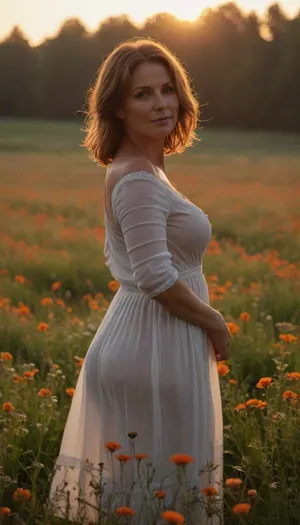 45 year old, (milf:1), clothed in a white wet summer dress, clinging to her, (medium breasts), (big ass), in a flower meadow in a dawn mist, orange tinted light, illuminates her from behind, <lora:Chubby BBW - XL:.5>