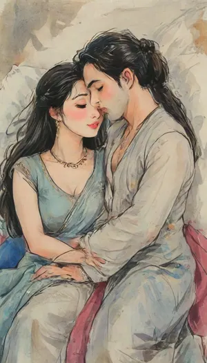 A romantic hand-drawn illustration of an Indian couple, detailed sketch style, soft muted colors, expressive pencil and watercolor textures, fine line art, intricate shading. The woman is wearing a traditional saree with blouse, bangles, earrings, and necklace, elegant and graceful. The man is in casual or semi-formal attire, (shirt, kurta, or vest), looking tenderly at her. they both lying forward, facing the viewers, captured from a top-angle perspective., (Her long hair spread softly across the pillow), flowing in soft, cascading waves that enhance the intimate scene. Gentle, intimate pose – close together, holding hands. Warm, emotional atmosphere, cinematic composition, artistic and aesthetic, gufeng, hand-drawn, ink, wash, romantic_couple_poses, Saree, Indian, ac_neg1, <lora:transparent-saree:2>, <lora:XLSarees1:.8>, <lora:gufeng_ink_wash_xl_v2:.4>, <lora:J_cartoon:2>, <lora:Eldritch_SketchDraw:2>