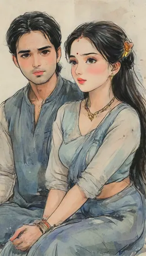 A romantic hand-drawn illustration of an Indian couple, detailed sketch style, soft muted colors, expressive pencil and watercolor textures, fine line art, intricate shading., (female), The woman is wearing a traditional saree with blouse, bangles, earrings, and necklace, elegant and graceful., (male), The man is in casual or semi-formal attire, (shirt, kurta, or vest), looking tenderly at her. they both lying forward in bed, facing the viewers, captured from a top-angle perspective, (the women long hair spread softly across the pillow), flowing in soft, cascading waves that enhance the intimate scene. Gentle, intimate pose – close together, holding hands. Warm, emotional atmosphere, cinematic composition, artistic and aesthetic, gufeng, hand-drawn, ink, wash, romantic_couple_poses, Saree, Indian, ac_neg1, <lora:transparent-saree:.8>, <lora:XLSarees1:.8>, <lora:gufeng_ink_wash_xl_v2:.4>, <lora:J_cartoon:1.6>, <lora:Eldritch_SketchDraw:1.6>