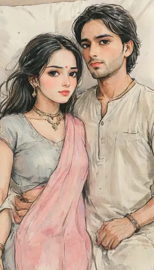 A romantic hand-drawn illustration of an Indian couple, detailed sketch style, soft muted colors, expressive pencil and watercolor textures, fine line art, intricate shading., (female), The woman is wearing a traditional saree with blouse, bangles, earrings, and necklace, elegant and graceful., (male), The man is in casual or semi-formal attire, (shirt, kurta, or vest), looking tenderly at her. they both lying forward in bed, facing the viewers, captured from a top-angle perspective, (the women long hair spread softly across the pillow), flowing in soft, cascading waves that enhance the intimate scene. Gentle, intimate pose – close together, holding hands. Warm, emotional atmosphere, cinematic composition, artistic and aesthetic, gufeng, hand-drawn, ink, wash, romantic_couple_poses, Saree, Indian, ac_neg1, <lora:transparent-saree:.8>, <lora:XLSarees1:.8>, <lora:gufeng_ink_wash_xl_v2:1>, <lora:Eldritch_SketchDraw:1>