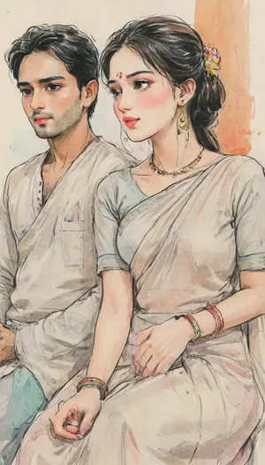 A romantic hand-drawn illustration of an two indian husband and wife, detailed sketch style, soft muted colors, expressive pencil and watercolor textures, fine line art, intricate shading., (The wife is wearing a traditional saree with blouse, bangles, earrings, necklace, with lazy hairstyle, elegant and graceful), (The husband is in casual or semi-formal attire, shirt or kurta), looking tenderly at her eyes. they both sitting inside an autorickshaw, facing eachother. Gentle, intimate pose – close together, holding hands, mild smile on both face. Warm, emotional atmosphere, cinematic composition, artistic and aesthetic, gufeng, hand-drawn, ink, wash, romantic_couple_poses, Saree, Indian, ac_neg1, <lora:transparent-saree:.6>, <lora:XLSarees1:.6>, <lora:gufeng_ink_wash_xl_v2:1>, <lora:Eldritch_SketchDraw:1>