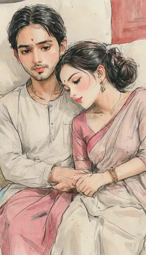 A romantic hand-drawn illustration of an two indian male and female, detailed sketch style, soft muted colors, expressive pencil and watercolor textures, fine line art, intricate shading., (The woman is wearing a traditional saree with blouse, bangles, earrings, and necklace, elegant and graceful), (The man is in casual or semi-formal attire, shirt or kurta), looking tenderly at her. they both lying forward in bed, facing eachother, captured from a top-angle perspective. Gentle, intimate pose – close together, holding hands, mild smile on both face. Warm, emotional atmosphere, cinematic composition, artistic and aesthetic, gufeng, hand-drawn, ink, wash, romantic_couple_poses, Saree, Indian, ac_neg1, <lora:transparent-saree:.6>, <lora:XLSarees1:.6>, <lora:gufeng_ink_wash_xl_v2:1>, <lora:Eldritch_SketchDraw:1>