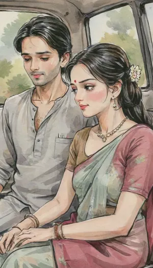 A romantic hand-drawn illustration of an two indian husband and wife, detailed sketch style, soft muted colors, expressive pencil and watercolor textures, fine line art, intricate shading., (The wife is wearing a traditional saree with blouse, bangles, earrings, necklace, with lazy hairstyle, elegant and graceful), (The husband is in casual or semi-formal attire, shirt or kurta), looking tenderly at her eyes. they both sitting inside an autorickshaw, facing eachother. Gentle, intimate pose – close together, holding hands, mild smile on both face. Warm, emotional atmosphere, cinematic composition, artistic and aesthetic, gufeng, hand-drawn, ink, wash, romantic_couple_poses, Saree, Indian, ac_neg1, <lora:transparent-saree:.6>, <lora:XLSarees1:.6>, <lora:gufeng_ink_wash_xl_v2:1>, <lora:warmbackgroundxl-v1-000100:2>