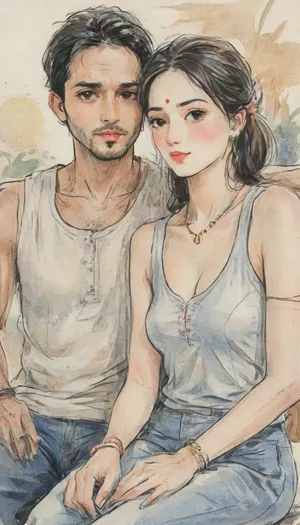 A romantic hand-drawn illustration of an two indian husband and wife, detailed sketch style, soft muted colors, expressive pencil and watercolor textures, fine line art, intricate shading., (The wife is wearing tank top and jeans pant, straw hat, bangles, earrings, necklace, with lazy hairstyle, elegant and graceful), (The husband is in casual or semi-formal attire, shirt or kurta), looking tenderly at her eyes. they both sitting inside an autorickshaw, the wife sitting on lap her husband, looking at eachother eyes. Gentle, intimate pose – close together, holding hands, mild smile on both face. Warm, emotional atmosphere, cinematic composition, artistic and aesthetic, gufeng, hand-drawn, ink, wash, romantic_couple_poses, ac_neg1, <lora:gufeng_ink_wash_xl_v2:.8>, <lora:Eldritch_SketchDraw:.8>, <lora:warmbackgroundxl-v1-000100:1>
