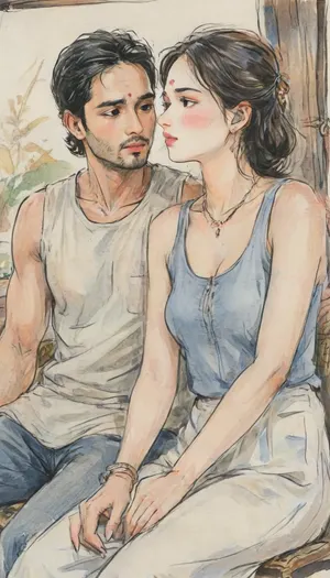 A romantic hand-drawn illustration of an two indian husband and wife, detailed sketch style, soft muted colors, expressive pencil and watercolor textures, fine line art, intricate shading., (The wife is wearing tank top and jeans pant, straw hat, bangles, earrings, necklace, with lazy hairstyle, elegant and graceful), (The husband is wearing kurta, with cotton pant), looking tenderly at her eyes. they both sitting inside an autorickshaw, the wife is sitting on topof her husband lap, looking at eachother eyes. Gentle, intimate pose – close together, holding hands, mild smile on both face. Warm, emotional atmosphere, cinematic composition, artistic and aesthetic, gufeng, hand-drawn, ink, wash, romantic_couple_poses, ac_neg1, <lora:gufeng_ink_wash_xl_v2:.8>, <lora:Eldritch_SketchDraw:.8>, <lora:warmbackgroundxl-v1-000100:1>