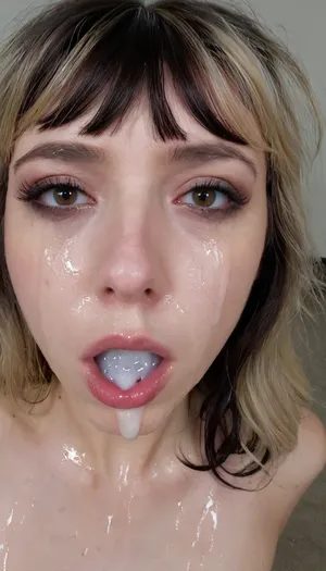 Astonishing beautiful Ukrainian skinny prostitute with the face of a supermodel, precious delicate innocent facial features, blonde wet messy hair with black roots and bangs, feline delicate sharp face, small pointy nose with freackles, 25 years old, extreme crying in shame, afraid, brutally beaten, traces of beatings on her face, dirty wet hair mixed with saliva sticking her face, watered eye mascara makeup ruined by saliva, messy makeup watered over her face, (a man's hand roughly and painfully grabbed her jawline and hair:1), watered black rimmel tears, a bruise and a hematoma under her eye, pale skin, cum and saliva drooling from her mouth, she cries, face fully glazed with thick sperm, asphyxiation, wide open tired bloodshot veiny eyes, looking at viewer extremely afraid, skin pores, moles, pimples, overheat blushed, ruined, makeup, all over face, wide view portrait from below, <lora:315758_training_data:.8>, <lora:ruined1:.8>