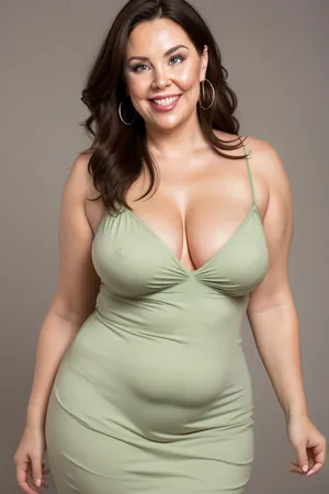 curvy, obese, big, gilf, looking at viewer, eye contact, portrait photo a chubby mature 60 year old woman, wearing a v-neck sleeveless spaghetti strap light green dress, hourglass figure, round face, chubby cheeks, wrinkles, flushed cheeks, double chin, round jawline, thick arms, big eyes, brown hair with highlights, medium hair, big smile, mouth open, lips parted, big lips, teeth showing, perfect teeth, joyful smile, (solid blank background), hoop earrings, (wrinkles), (curvy), wide, drooping saggy conical breasts, sagging, breasts, apart, hips, <lora:tt_saggy:.3>, <lora:ConicalTits:.3>