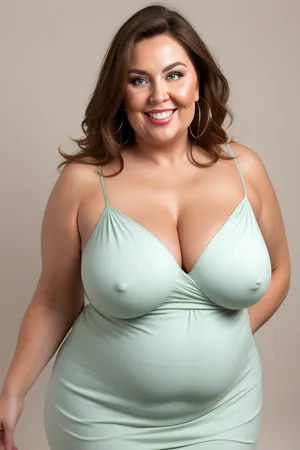 curvy, obese, big, gilf, looking at viewer, eye contact, portrait photo a chubby mature 60 year old woman, wearing a v-neck sleeveless spaghetti strap light green dress, hourglass figure, round face, chubby cheeks, wrinkles, flushed cheeks, double chin, round jawline, thick arms, big eyes, light brown hair with highlights, medium hair, big smile, mouth open, lips parted, big lips, teeth showing, perfect teeth, joyful smile, (solid blank background), hoop earrings, (wrinkles), (curvy), wide, drooping saggy conical breasts, sagging, breasts, apart, hips, <lora:tt_saggy:.3>, <lora:ConicalTits:.5>